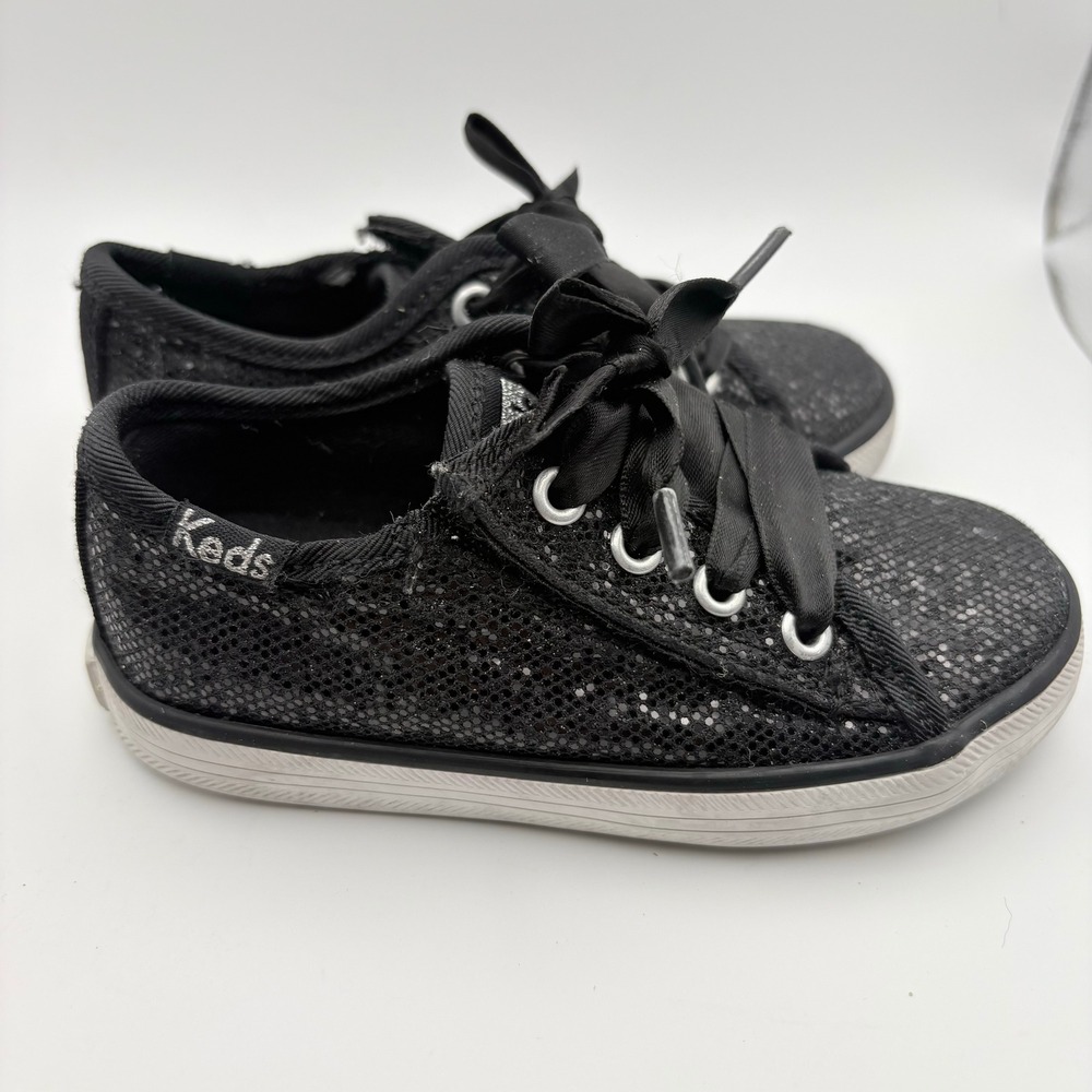 Keds Kids Black Glitter Sparkle Low Top Sneakers Ribbon Laces Size 12.5 - Picture 2 of 7